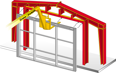 Using a crane or forklift to move the door into place